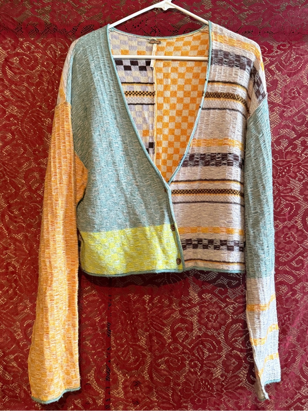 Free People Patchwork Checkerboard Knit Cardigan Sweater Cropped Boho VNeck XS